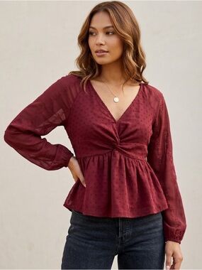 Bohme Deep Red V-Neck Chiffon Blouse